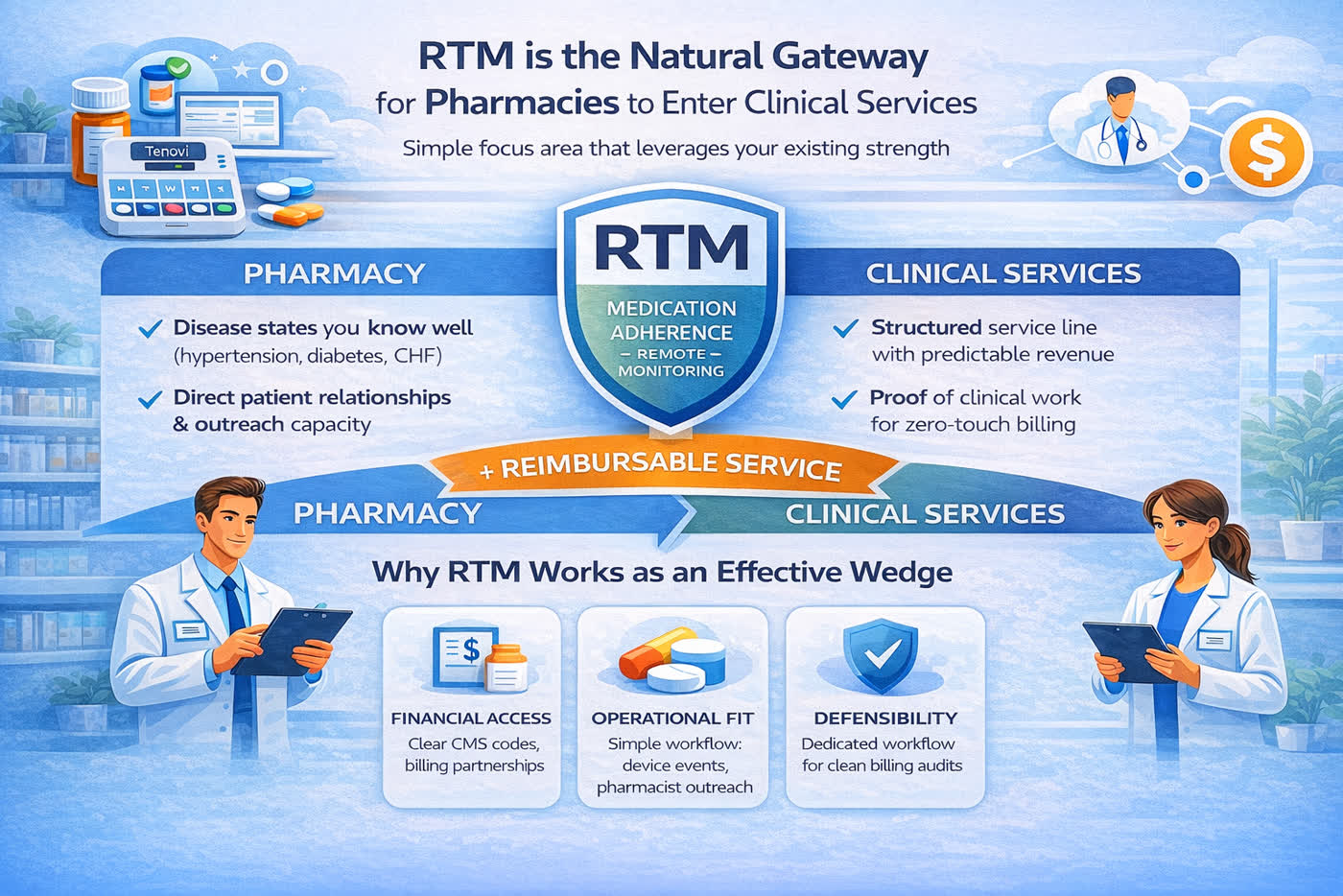 Illustration: RTM medication adherence monitoring as a gateway for pharmacies to enter reimbursable clinical services.